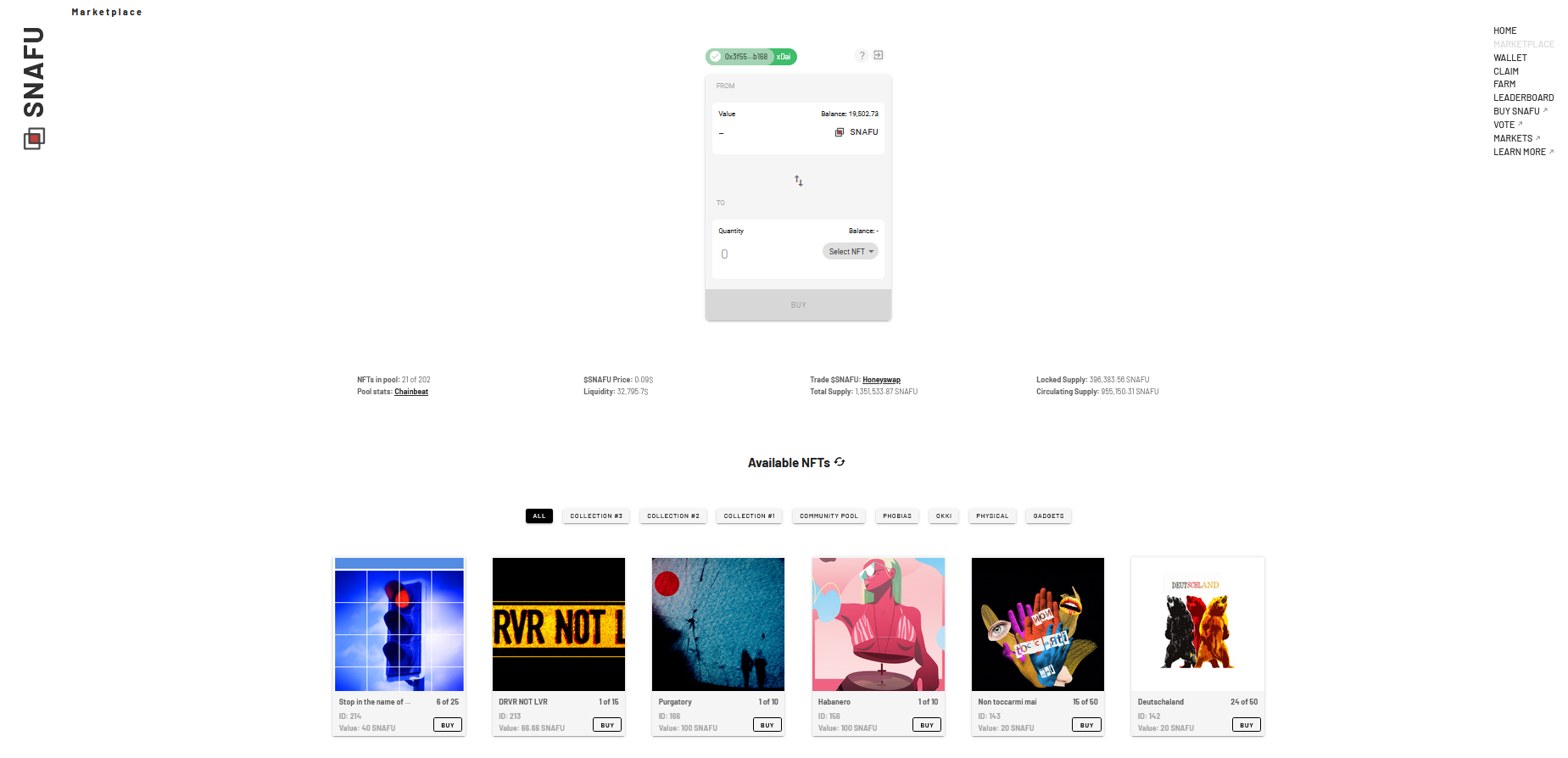 Screenshot of the Snafu Collective marketplace.